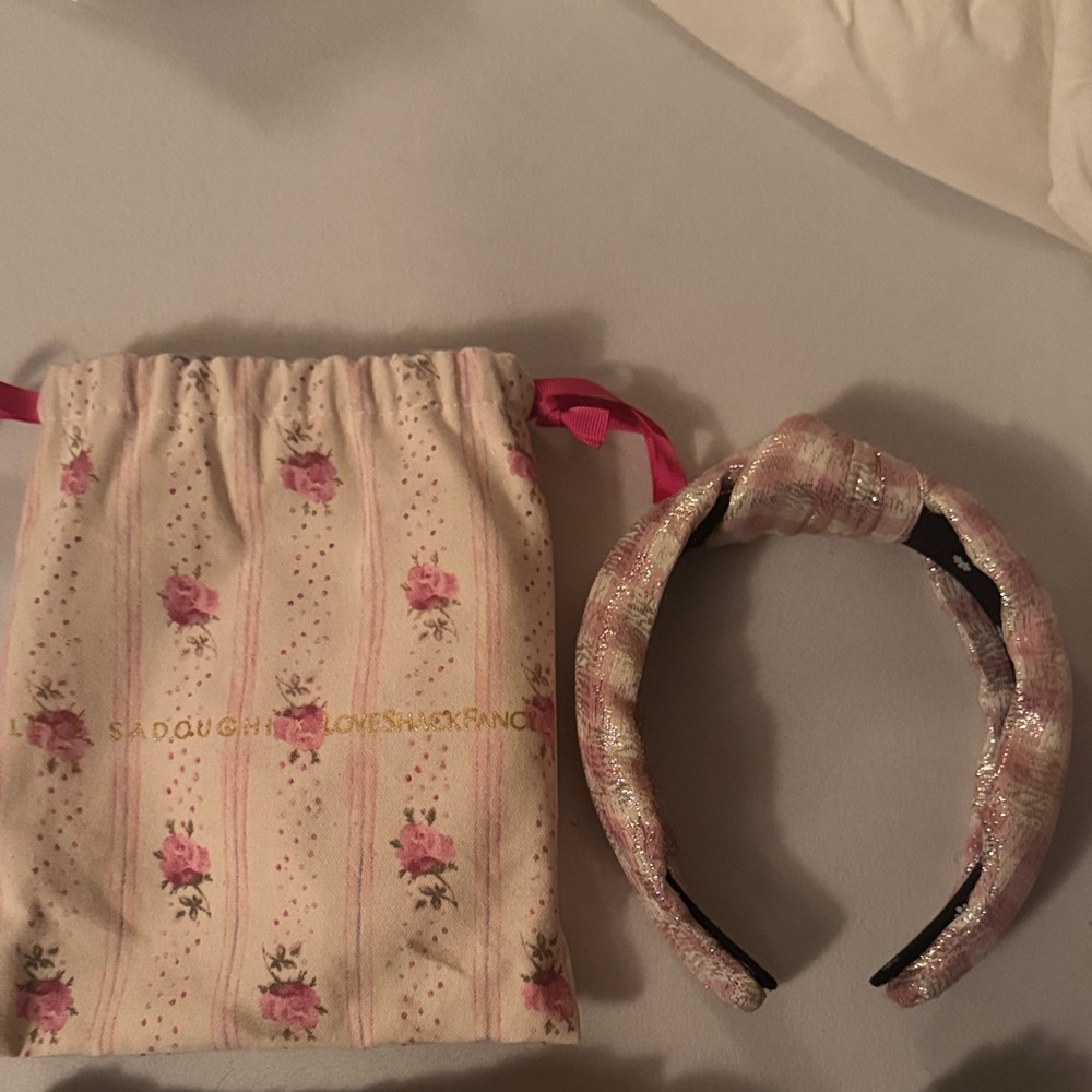 Love shack fancy x lele sadoughi collab pink checker metallic headband